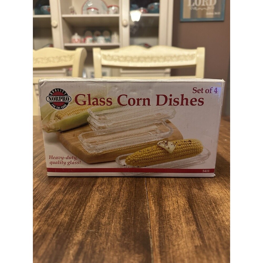 Vintage Norpro 5411 Glass Corn Dishes Set of 4 Corn on Cob Original Box